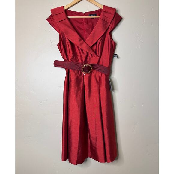 NEW Tahari ASL Crushed Taffeta Red Holiday Cocktail Midi Dress 10 NWT - Picture 2 of 7